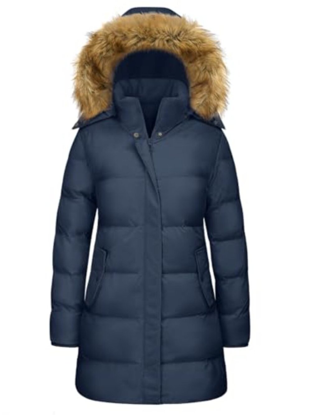 Women's Long Winter Puffer Coat Warm Jacket Faux Fur Removable Hood Windproof
